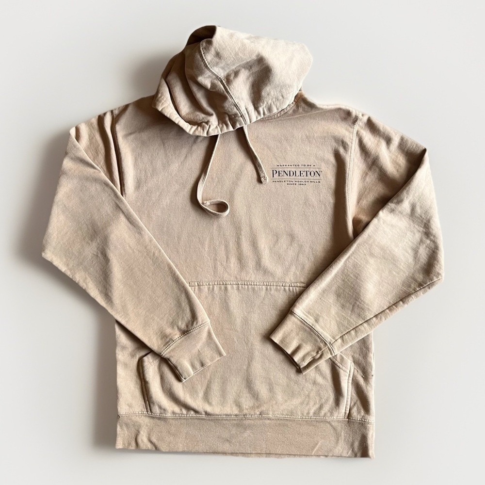 Pendleton Hoodie Mens Small Beige Fleece Pullover Sweatshirt Aztec Back Graphic